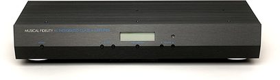 Musical Fidelity A1 sort integreret forstærker, frontvisning, frontpanel med knapper og stik