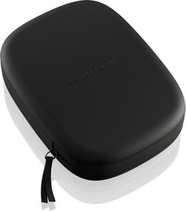 Schwarzes, strukturiertes Hardcase von Bowers & Wilkins, geprägte Kunstschale, umlaufender Reißverschluss mit zwei Laschen, Ansicht aus schräger Vogelperspektive