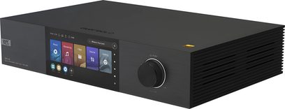 Мережевий аудіоплеєр EverSolo DMP-A8 чорного кольору, вид спереду, кольоровий екран, поворотний регулятор та кнопки управління на передній панелі