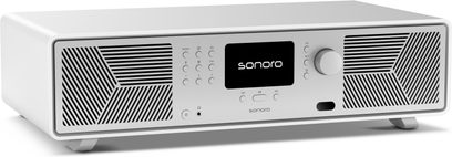 Sonoro Avaton, sistema hi-fi tutto in uno bianco opaco, pannello frontale argentato effetto metallo, vista a tre quarti, schermo centrale, griglie diagonali