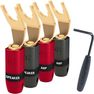 Das Bild zeigt 4 goldene Bananenstecker und 1 schwarze Audioquest SureGrip 300 Gabelklemme mit roten und schwarzen Anschlüssen