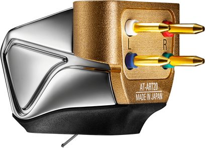 Audio Technica AT-ART20 hi-fi pickup med gylden og krom finish, close-up af guldbelagte ben med farvekoder