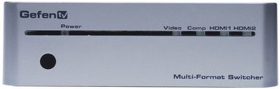 Gefen GTV-MFS Multi-Format Switcher, frontpanel i gråmetallic med logo, Power-knap, Video Comp HDMI1 HDMI2-indikatorer, HDMI-port