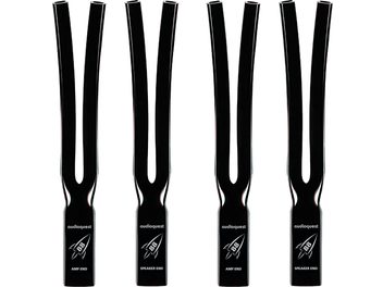 Zubehör für Kabel Rocket 88 schwarze Hülle, 4er-Set, Vorderansicht, Y-Form, weißer Text "AMP END" und "SPEAKER END"