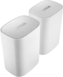 Canton Smart Libero matte witte draadloze luidsprekers, set van 2, afgerond staand model met stoffen grille en logo bovenop