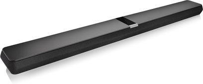 Bowers & Wilkins Panorama 3 black soundbar, top view, elongated rectangular shape with acoustic grille