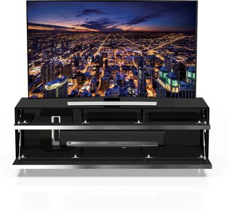Spectral Scala SC1656 sort TV-møbel med glashylder, fladskærmsophæng og LED-belysning, der viser en oplyst by om natten