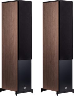 Gulvhøjttalere Heco AURORA XT 1000 valnød, front- og sidevisning, paneler i valnøddetræ, sort front, metalfødder