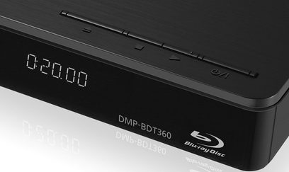 Panasonic DMP-BDT360 sort 4K Blu-ray-afspiller, nærbillede forfra, digital visning "0:20.00" på LED-skærm