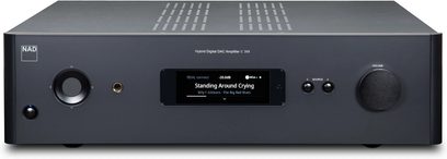 Musta NAD C399 hi-fi-stereovahvistin, etunäkymä, digitaalinäyttö, painikkeet ja liitännät etupaneelissa