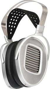 Atviras laidinis hifi ausinės Hifiman HE1000 Unveiled, šoninis vaizdas, perforuotas metalinis lankelis, juodi ovalūs pagalvėlės