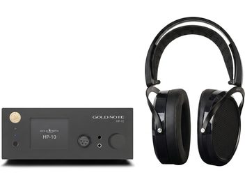 Amplificatore per cuffie Gold Note HP-10 nero con cuffie audio circumaurali nere abbinate, vista frontale