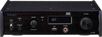 TEAC NT-505 sort netværksaudioafspiller, set forfra, sort front med LCD-skærm, knapper og stik