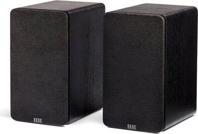 Elac Debut ConneX DCB41 Lautsprecherpaar, schwarze Holzkörper, Stoffgrills, Dreiviertelansicht