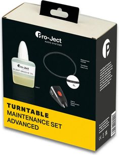 Pro-Ject Turntable Maintenance Set Advanced black box containing silent oil, screwdriver, and OM10 cartridge