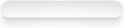 Hvid Sonos Beam soundbar, set forfra, med en aflang rektangulær form med afrundede hjørner, hvid gitterbeklædning over hele overfladen