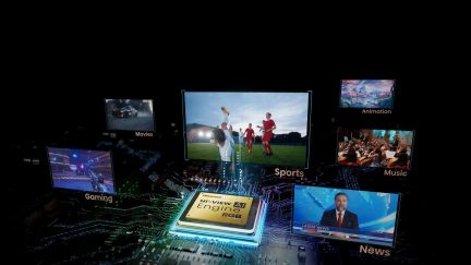 Hisense Hi-View AI Engine RGB-chip omgivet af skærme med spil, film, sport, animation, musik og nyheder
