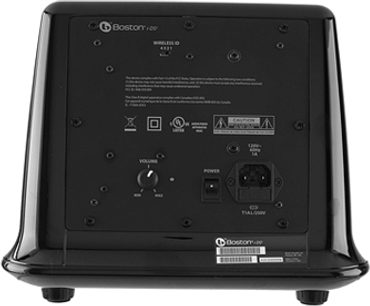 Multimediální reproduktor Boston Acoustics i-DS3 v černé barvě, pohled zepředu, s displejem, tlačítky a konektory