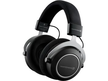 Cuffie wireless Beyerdynamic Amiron, vista laterale, archetto imbottito nero, padiglioni auricolari circolari neri, logo visibile
