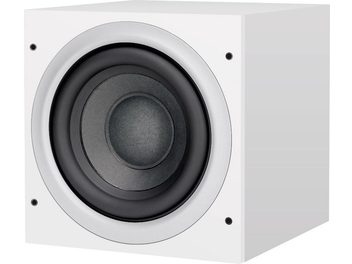 Bowers & Wilkins ASW608 white subwoofer, front view, circular black central speaker in a white square enclosure
