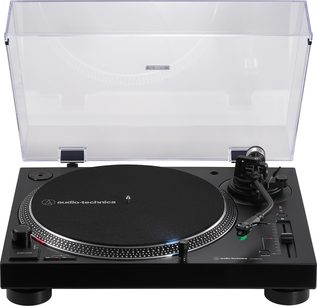 Hi-fi pladespiller Audio Technica AT-LP120XBTUSB sort, set ovenfra, pladetallerken, tonearm, betjeningsknapper