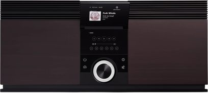 All-in-one hi-fi-systeem Primare Allt-i-Ett, bruin hout en metaal, vooraanzicht, scherm, touchbediening en centrale draaiknop