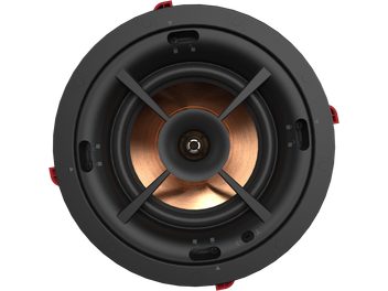 Caixa acústica embutida Klipsch PRO-160-RPC, vista frontal, alto-falante redondo preto com tweeter dourado no centro, grelha de proteção preta