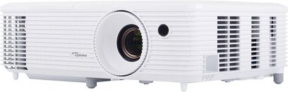 Optoma HD29 Darbee hvid videoprojektor, set forfra, centreret linse, sideventilationsriste