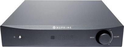 Převodník DAC Nuprime DAC-8 černý, pohled zepředu, obdélníkový tvar, digitální displej, ovládání hlasitosti