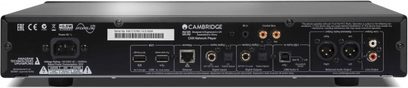 Síťový audio přehrávač Cambridge Audio CXN v černé barvě, pohled zepředu, s displejem, tlačítky, ovládacím kolečkem a konektory na zadní straně