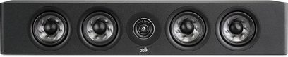 Polk Audio R350 centrale nera, vista frontale, 4 altoparlanti rotondi neri, 1 tweeter centrale, griglia nera rimovibile