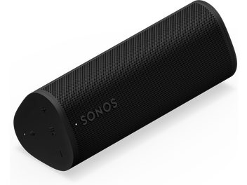 Cassa Bluetooth Sonos Roam 2 nera, vista in prospettiva, griglia forata, pulsanti di controllo sul lato