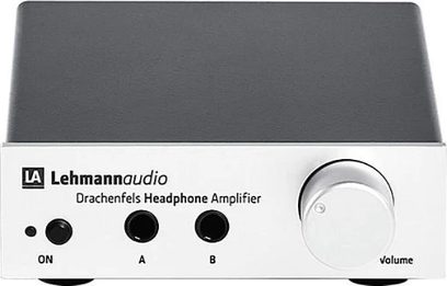Preamplificatore per cuffie Lehmann Audio Drachenfels argento, vista frontale, con pulsanti ON/A/B e volume, presa per cuffie e case metallico