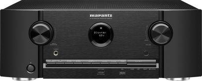 Marantz SR-5012 sort hjemmebiografsforstærker, frontpanel, frontvisning, blå skærm, sølvfarvede knapper og drejeknapper