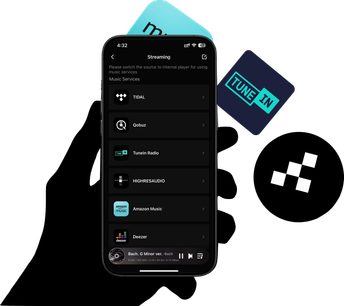 Netzwerk-Audio-Player EverSolo DMP-A10, schwarzer Bildschirm zeigt Streaming-Dienste, Hand hält das Gerät, bunte Logos