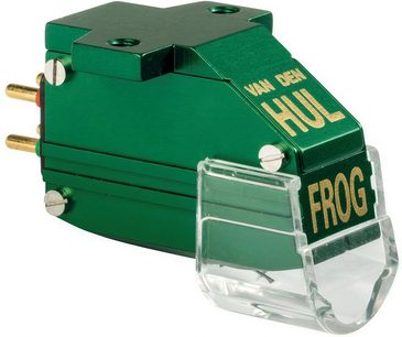 Testina per giradischi hi-fi Van den Hul The Frog Gold, corpo verde, scritte dorate, coperchio trasparente, 2 connettori dorati