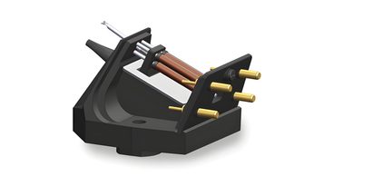 Angular black stand with metal cables and gold connectors, perspective view, white background