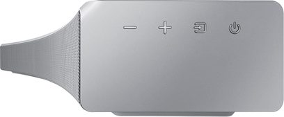 Grå Samsung HW-MS6501 soundbar, set fra siden, med kontrolknapper øverst og metalrist på forsiden
