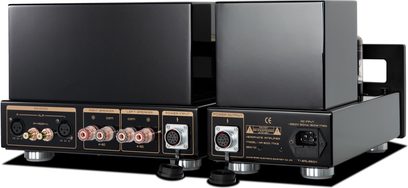 Cayin HA-300 MK3 hovedtelefonforstærker sort, set bagfra med dobbelt kabinet med XLR-indgange, RCA og højttalerterminaler