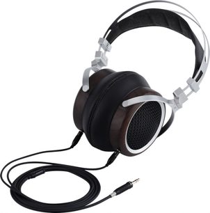 Zwarte Sivga Luan hifi-hoofdtelefoon met donkerbruine oorschelpen met rooster, zwarte oorkussens en zilverkleurige hoofdband, met jackkabel
