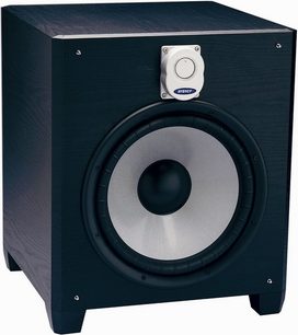 Subwoofer Energy S10.3, set forfra, sort kabinet, sølvfarvet cirkulær højttaler i midten, Energy-logo øverst
