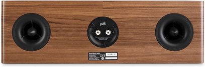 Centrální reproduktor Polk Audio R400 ořech s dvěma bočními a jedním centrálním reproduktorem, pohled zepředu, na dřevěném panelu