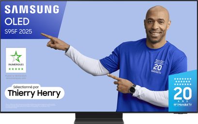 Samsung TQ83S95F 2025 television with promotional OLED screen, Thierry Henry in blue on a light blue background