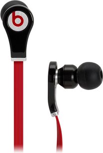 Cuffie auricolari Beats Tour con Control Talk, auricolari neri, inserti rossi, stelo nero e rosso, vista frontale su sfondo bianco