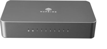 Switch a splitter Nuprime Omnia SW-8 tmavě šedý metalický, pohled zepředu, 8 číslovaných Ethernet portů od 0 do 8