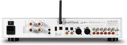 Stereo-Hi-Fi-Verstärker Audiolab 9000A Silber, Rückansicht mit RCA-, XLR-, USB-Anschlüssen, Antenne und Netzschalter