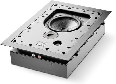 Indbygget Focal Electra IW 1002 højttaler i metalgrå, set oppefra, center højttaler, perforeret gitter, tilslutninger på bagsiden