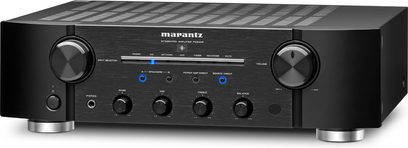 Hi-fi stereo zesilovač Marantz PM8005 černý, přední panel s tlačítky, ovládacími kolečky a konektory, pohled zepředu