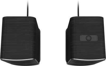 Klipsch Promedia Lumina 2.1 satellithøjttalere i sort, sidevisning, volumenkontrol på højre højttaler