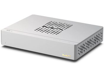 Switch‑splitter Matrix Audio SS‑1 en aluminium argent mat, vue trois‑quarts avant droite, dessus ventilé par trous circulaires formant motif zigzag, flanc latéral perforé, témoin LED frontal gauche et logo MA doré en façade droite